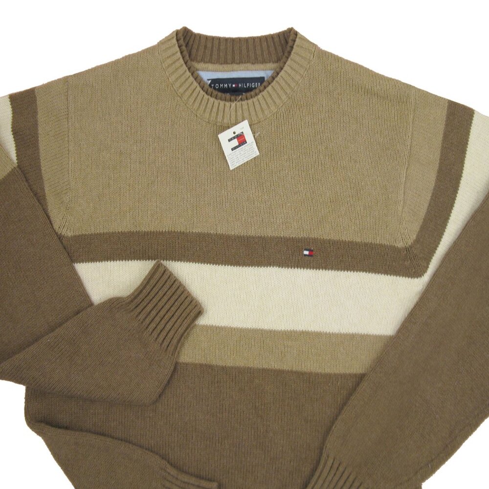 NEW Tommy Hilfiger Lambswool Sweater! Medium  Tan Brown Creme Stripe  Tommy Flag
